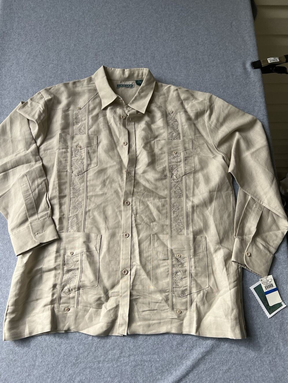 Cubavera XL Beige Embroidered Guayabera Shirt Ramie Rayon Long Sleeve 4 Pocket